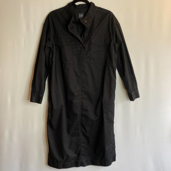 Gap Collarless Henley Pocket L/S True Black Khaki Midi Shirt Dress Size Small - Picture 1 of 16